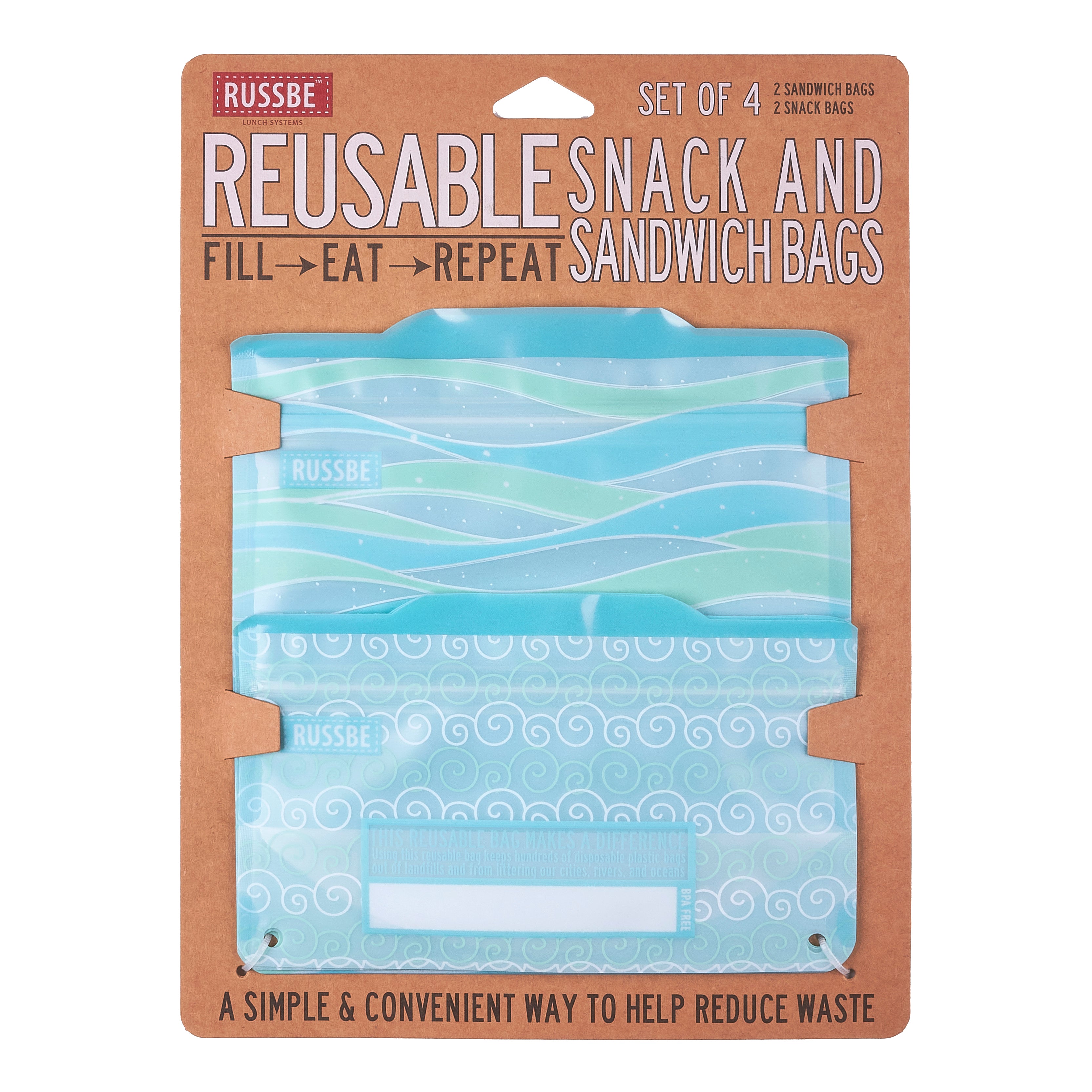Patterned Reusable Snack and Sandwich Bags, Set of 4, Waves – Russbe