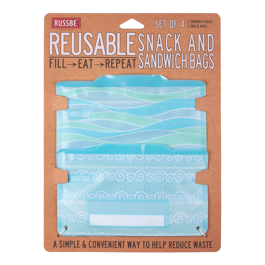 Patterned Reusable Snack and Sandwich Bags, Set of 4, Waves