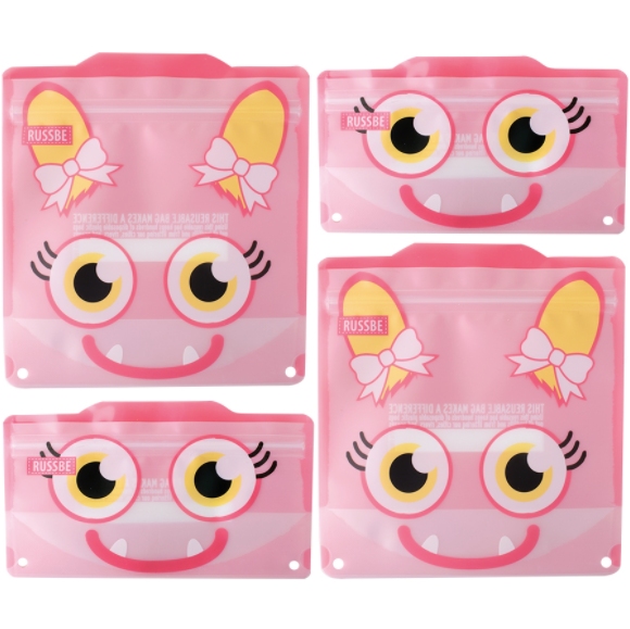 Monster Reusable Snack and Sandwich Bags, Set of 4, Pink Monster